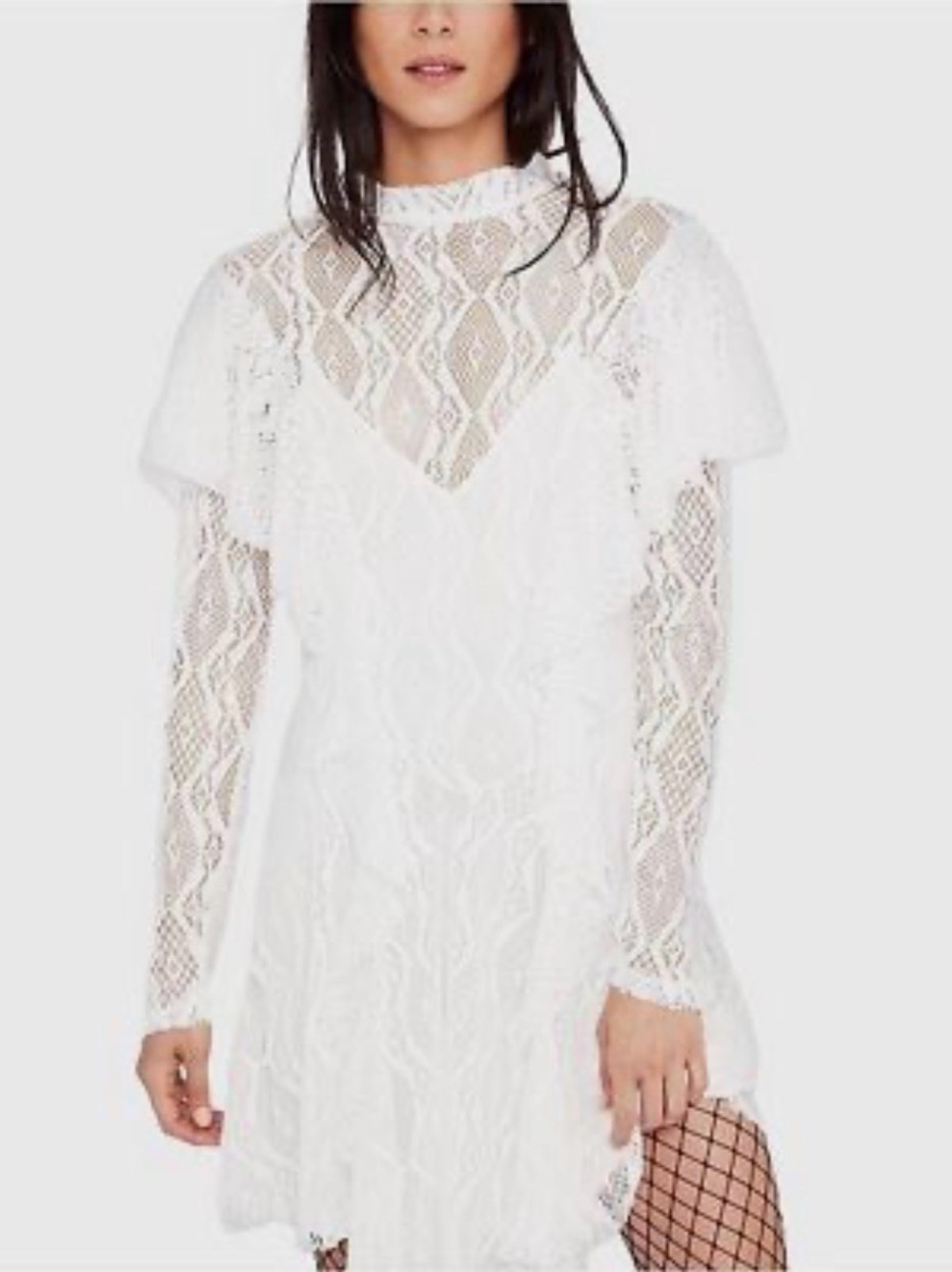 Free People White Lace High-Neck Long-Sleeve Dress